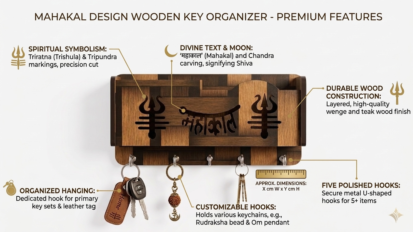 Mahakal Wooden Key Holder for Wall | 5 Hooks Wall Mounted Key Stand | Decorative Wooden Key Hanger for Home Entrance | Shiv Mandir Decor & Gift Item