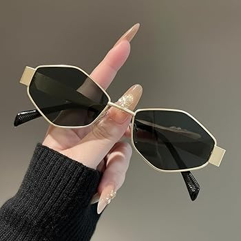 Trendy Narrow Frame Sunglasses for Women | Stylish Retro Black Lens Metal Frame UV Protection Goggles