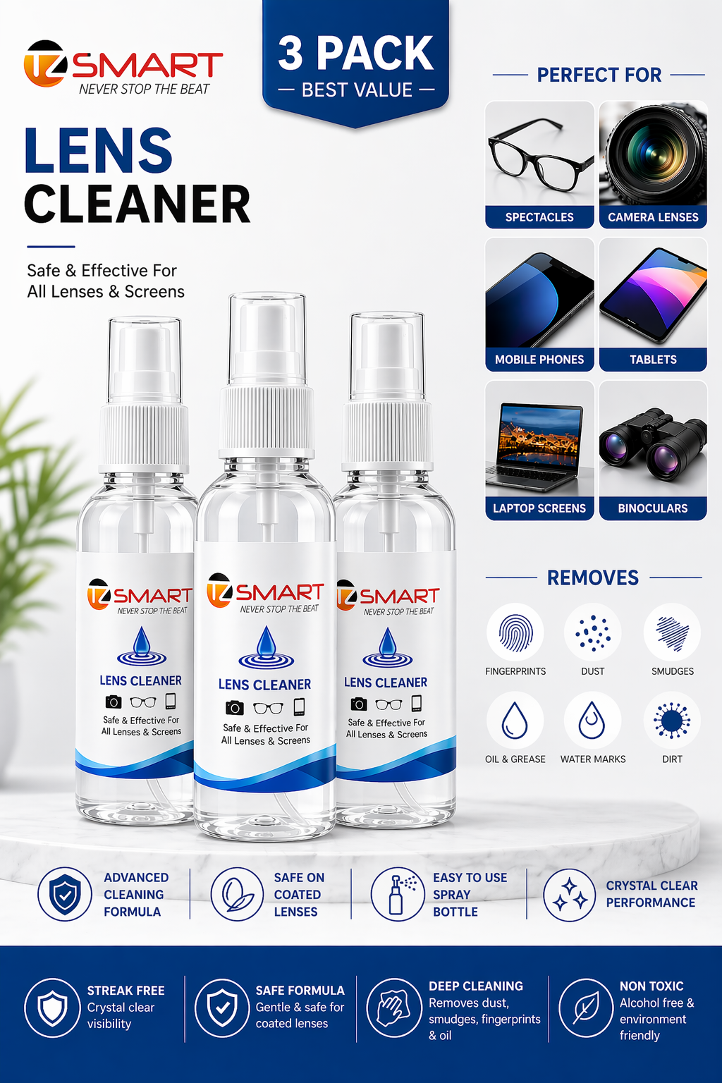 TZ SMART Lens Cleaner Spray | Streak-Free Cleaning for Glasses, Mobile, Laptop, Camera | Safe Formula |