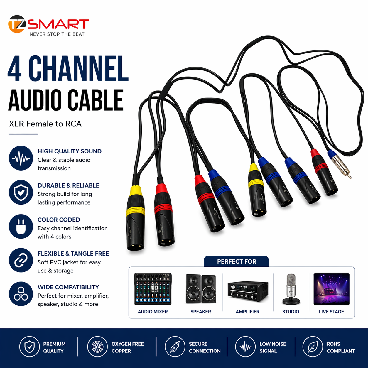 TZ SMART 8 XLR Male to 1 RCA Audio Cable 3 Meter | Professional 8 Channel XLR Male to RCA Connector Cable | Mixer, Amplifier, PA System, Studio Use