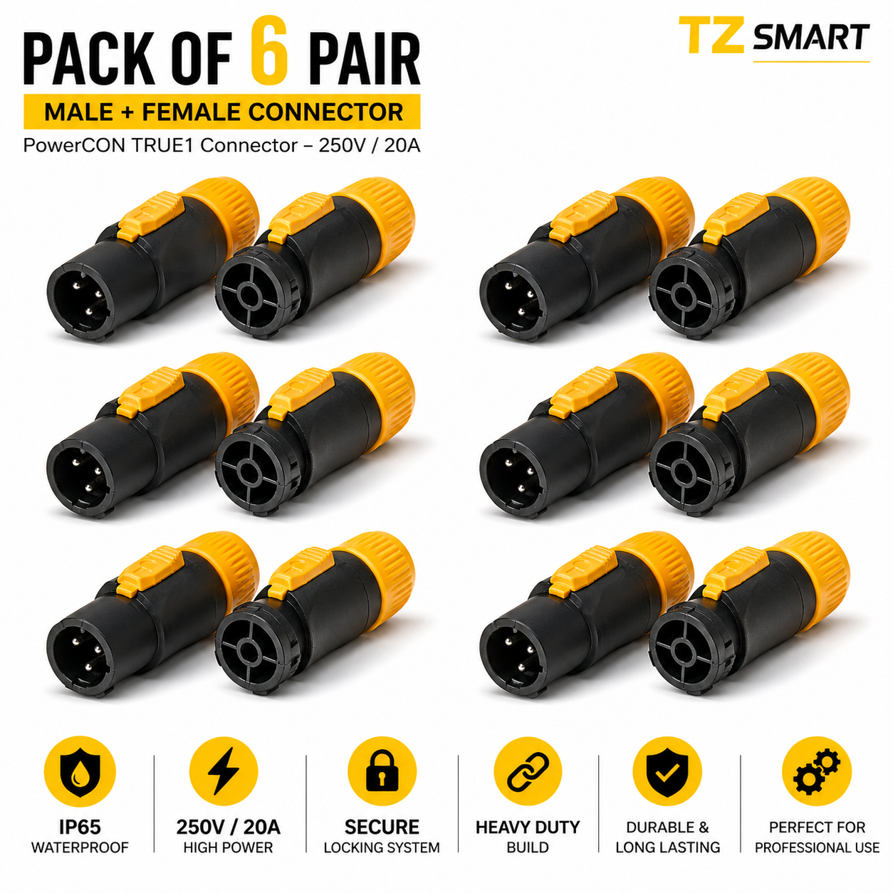 TZ SMART 250V 20A IP65 Waterproof 3 Pin PowerCON TRUE Power Cable Connector | Heavy Duty Locking Plug for Stage Light, LED Screen & DJ Setup