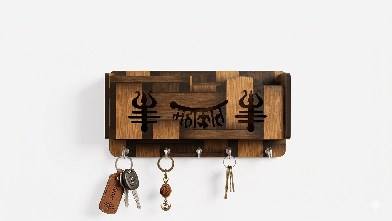 Mahakal  Wooden Key Holder for Wall | 5 Hooks Wall Mounted Key Stand | Decorative Wooden Key Hanger for Home Entrance | Shiv Mandir Decor & Gift Item