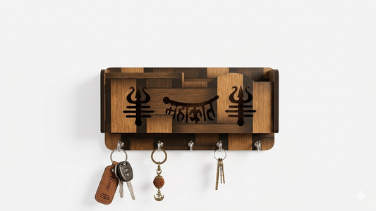 Mahakal  Wooden Key Holder for Wall | 5 Hooks Wall Mounted Key Stand | Decorative Wooden Key Hanger for Home Entrance | Shiv Mandir Decor & Gift Item
