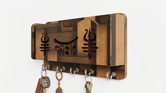 Mahakal  Wooden Key Holder for Wall | 5 Hooks Wall Mounted Key Stand | Decorative Wooden Key Hanger for Home Entrance | Shiv Mandir Decor & Gift Item