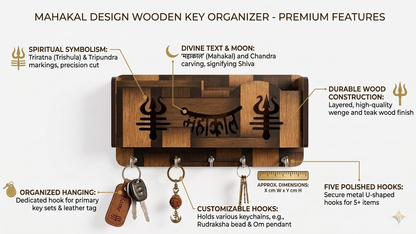 Mahakal  Wooden Key Holder for Wall | 5 Hooks Wall Mounted Key Stand | Decorative Wooden Key Hanger for Home Entrance | Shiv Mandir Decor & Gift Item