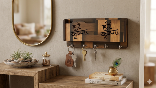 Spiritual Wall Mounted Key Stand | Decorative Wooden Key Hanger|Hare Krishna Wooden Key Holder for Wall with 5 Hooks