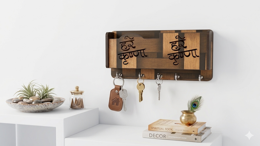Spiritual Wall Mounted Key Stand | Decorative Wooden Key Hanger|Hare Krishna Wooden Key Holder for Wall with 5 Hooks