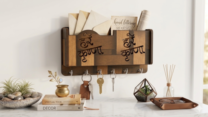Spiritual Wall Mounted Key Stand | Decorative Wooden Key Hanger|Hare Krishna Wooden Key Holder for Wall with 5 Hooks