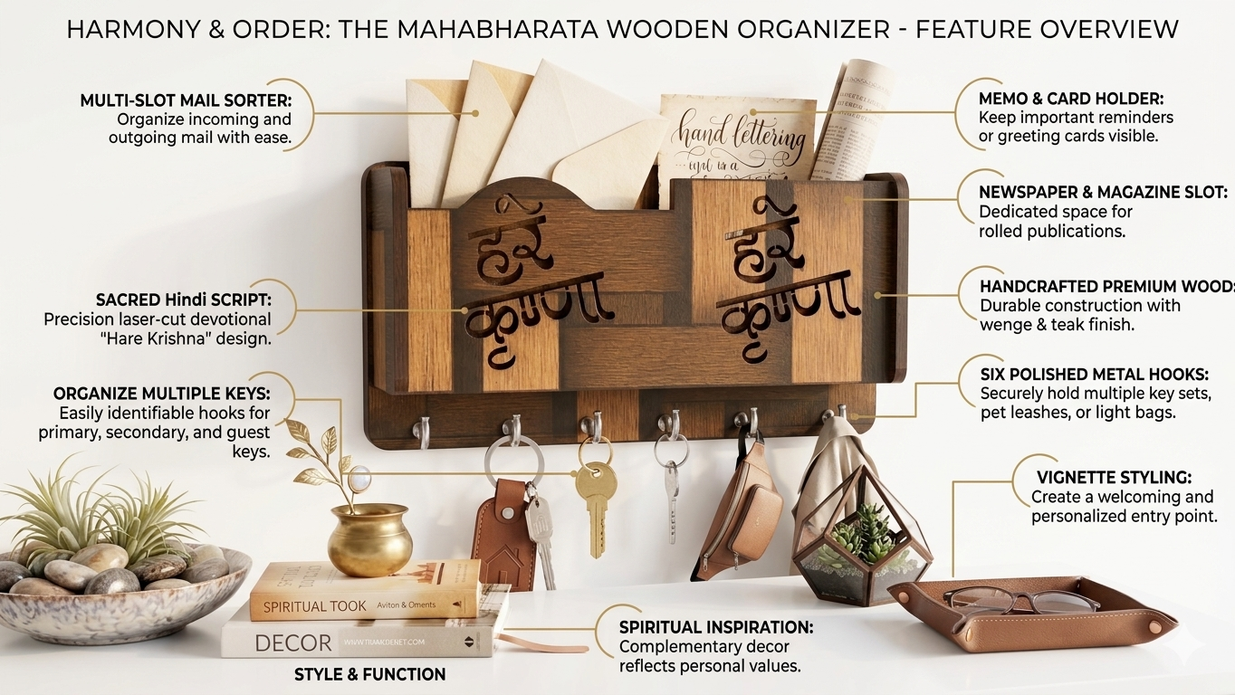 Spiritual Wall Mounted Key Stand | Decorative Wooden Key Hanger|Hare Krishna Wooden Key Holder for Wall with 5 Hooks