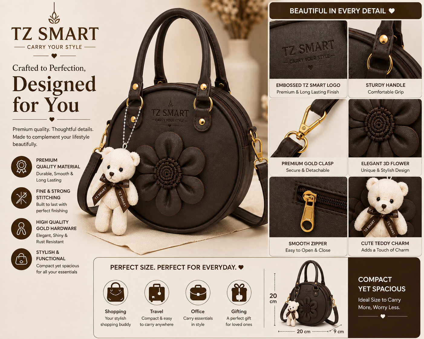 TZ SMART Women’s Round Handbag with Teddy Charm & Floral Design | Stylish Sling & Hand Carry Bag