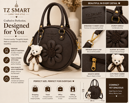 TZ SMART Women’s Round Handbag with Teddy Charm & Floral Design | Stylish Sling & Hand Carry Bag
