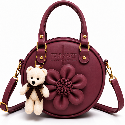 TZ SMART Women’s Round Handbag with Teddy Charm & Floral Design | Stylish Sling & Hand Carry Bag