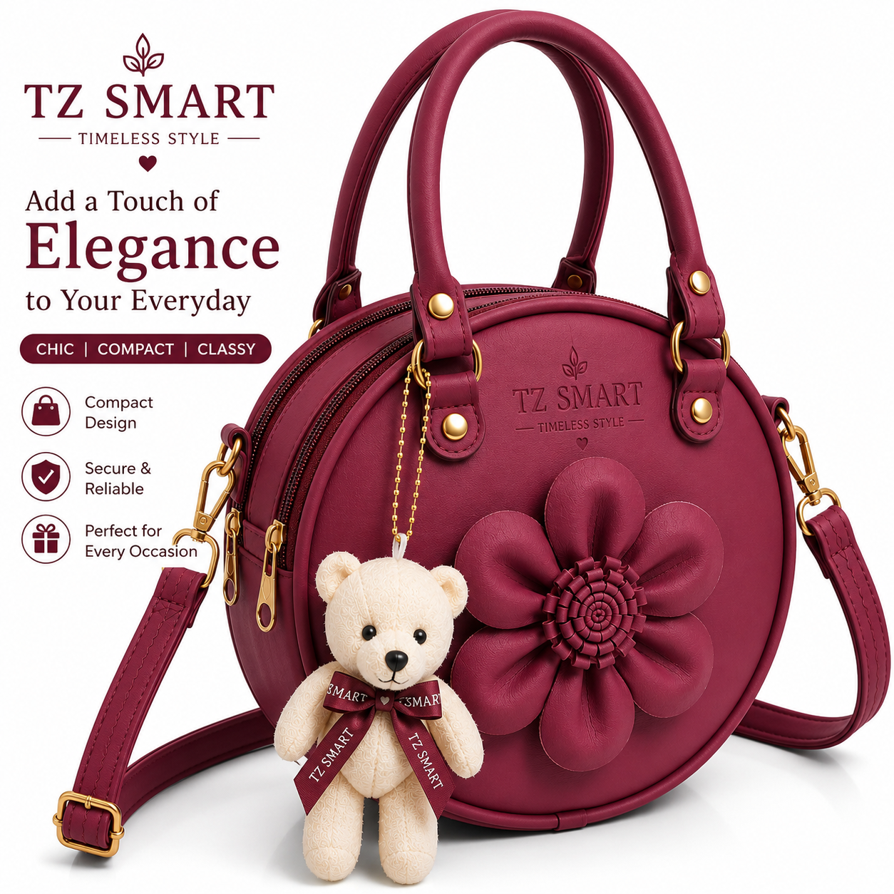 TZ SMART Women’s Round Handbag with Teddy Charm & Floral Design | Stylish Sling & Hand Carry Bag