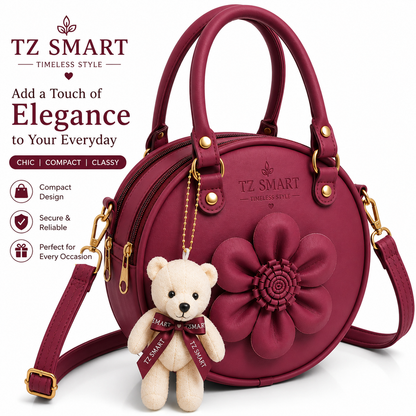 TZ SMART Women’s Round Handbag with Teddy Charm & Floral Design | Stylish Sling & Hand Carry Bag