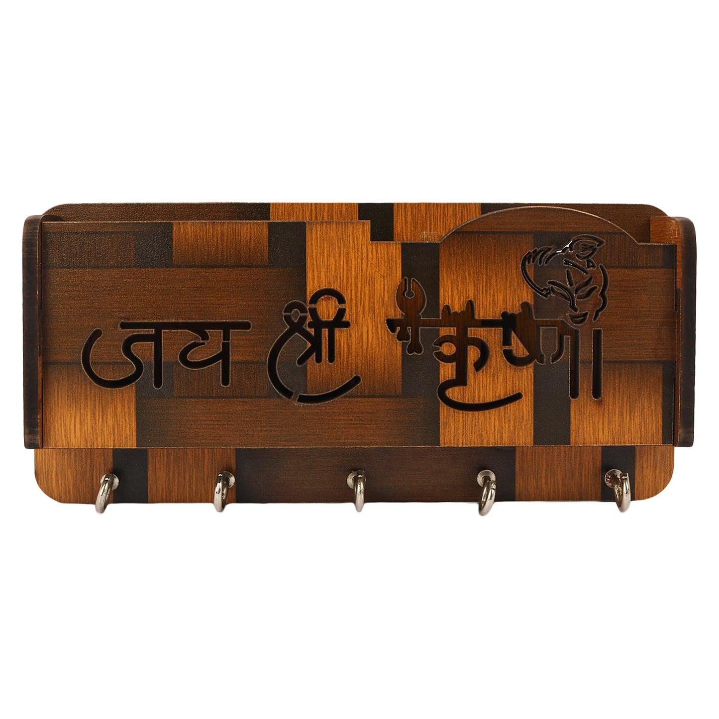 Wooden Wall Key Holder with “Jai Shri Krishna” Design | 5 Hooks Key Stand | Decorative Key Hanger for Home Entrance