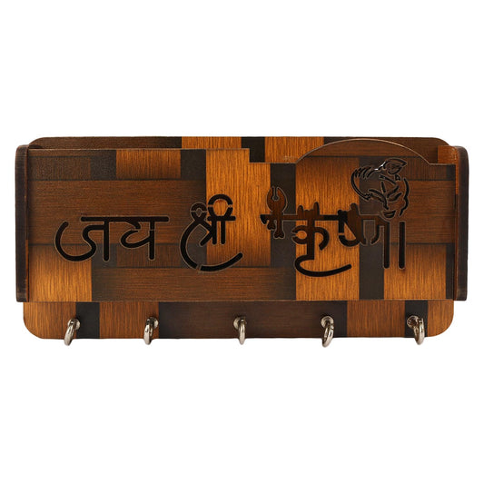 Wooden Wall Key Holder with “Jai Shri Krishna” Design | 5 Hooks Key Stand | Decorative Key Hanger for Home Entrance