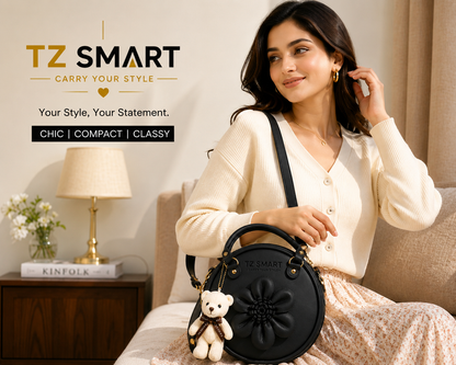 TZ SMART Women’s Round Handbag with Teddy Charm & Floral Design | Stylish Sling & Hand Carry Bag