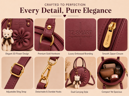 TZ SMART Women’s Round Handbag with Teddy Charm & Floral Design | Stylish Sling & Hand Carry Bag