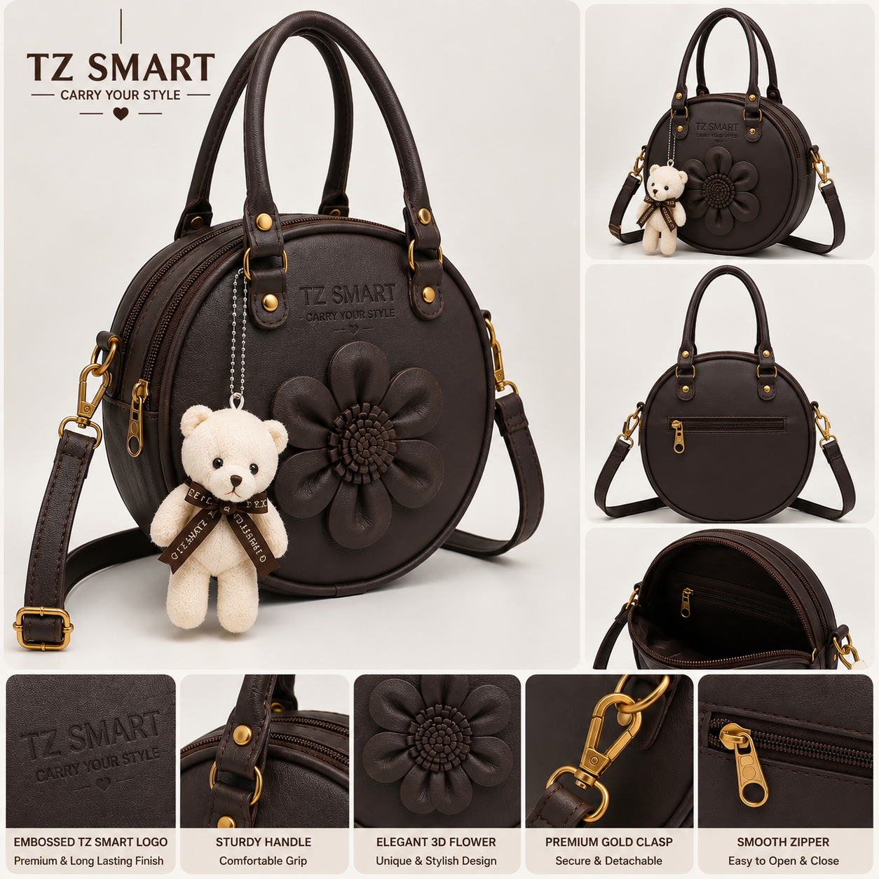 TZ SMART Women’s Round Handbag with Teddy Charm & Floral Design | Stylish Sling & Hand Carry Bag