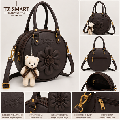 TZ SMART Women’s Round Handbag with Teddy Charm & Floral Design | Stylish Sling & Hand Carry Bag