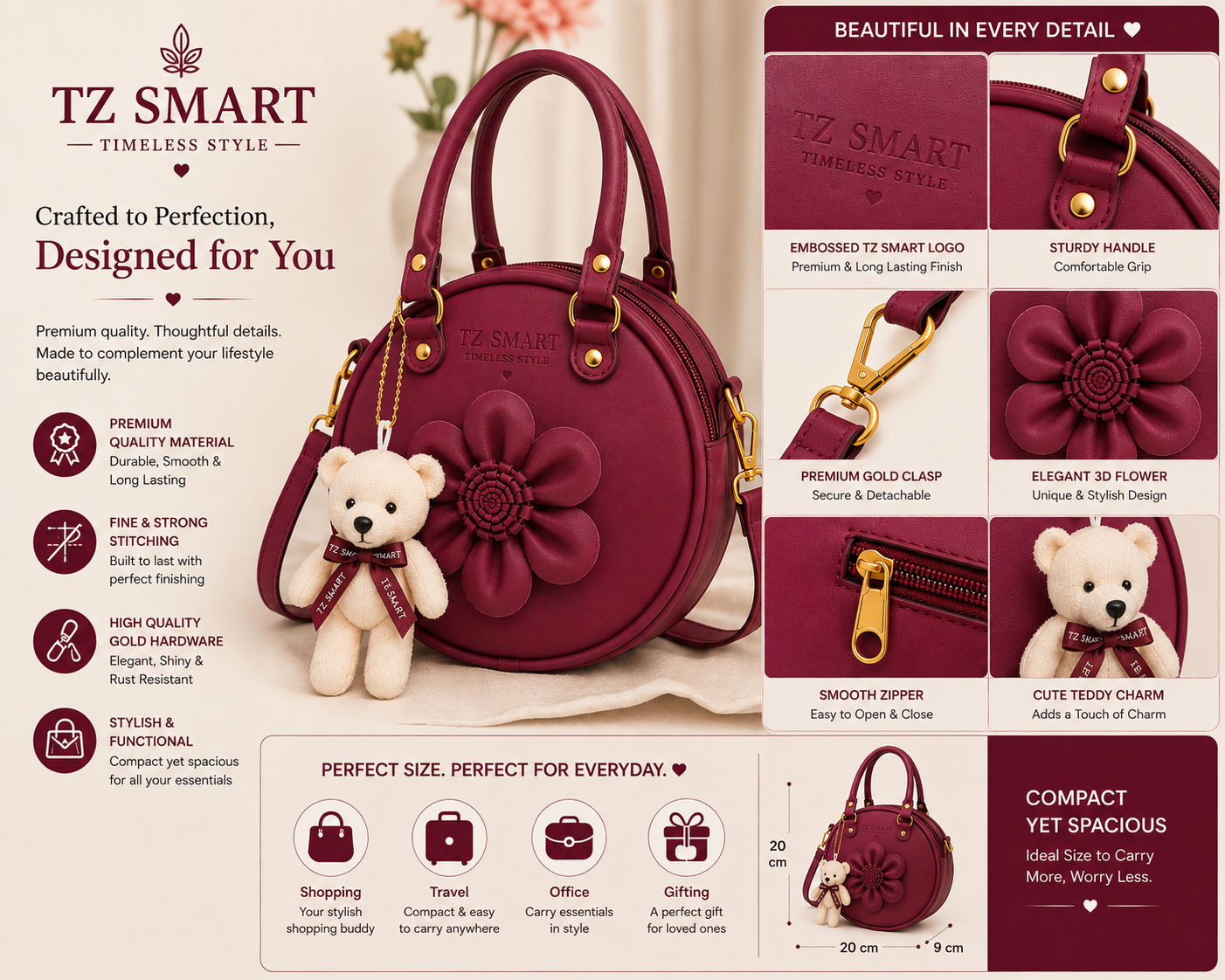 TZ SMART Women’s Round Handbag with Teddy Charm & Floral Design | Stylish Sling & Hand Carry Bag