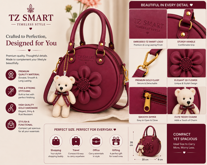 TZ SMART Women’s Round Handbag with Teddy Charm & Floral Design | Stylish Sling & Hand Carry Bag
