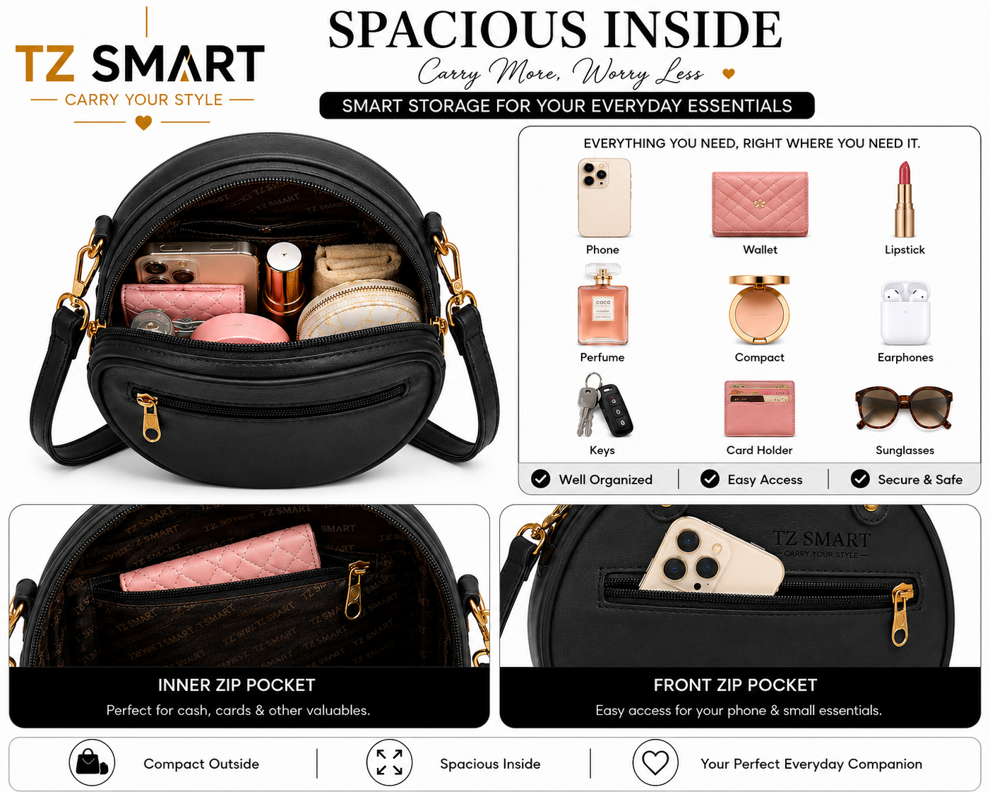 TZ SMART Women’s Round Handbag with Teddy Charm & Floral Design | Stylish Sling & Hand Carry Bag