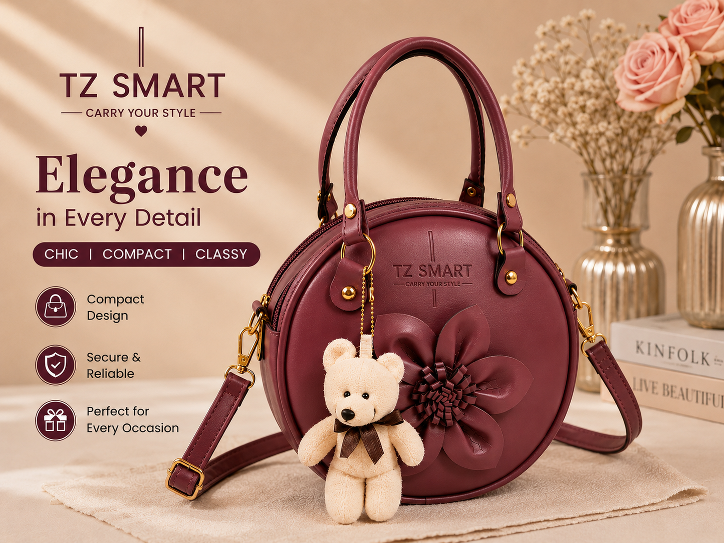 TZ SMART Women’s Round Handbag with Teddy Charm & Floral Design | Stylish Sling & Hand Carry Bag