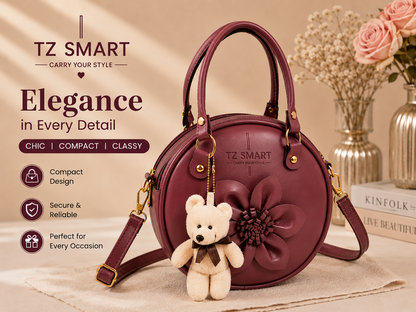 TZ SMART Women’s Round Handbag with Teddy Charm & Floral Design | Stylish Sling & Hand Carry Bag