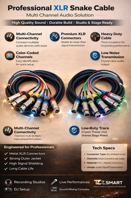 TZ SMART 4 Channel XLR Snake Cable – 2 Meter / 3 Meter | Professional Multi Core Audio Cable for DJ, Studio & Live Sound