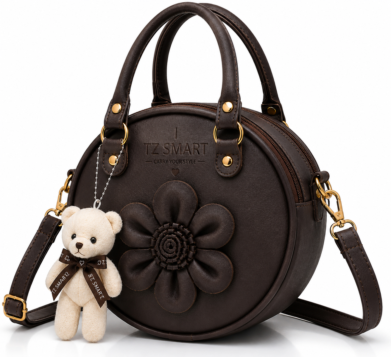 TZ SMART Women’s Round Handbag with Teddy Charm & Floral Design | Stylish Sling & Hand Carry Bag