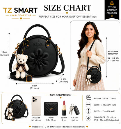 TZ SMART Women’s Round Handbag with Teddy Charm & Floral Design | Stylish Sling & Hand Carry Bag