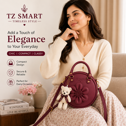 TZ SMART Women’s Round Handbag with Teddy Charm & Floral Design | Stylish Sling & Hand Carry Bag