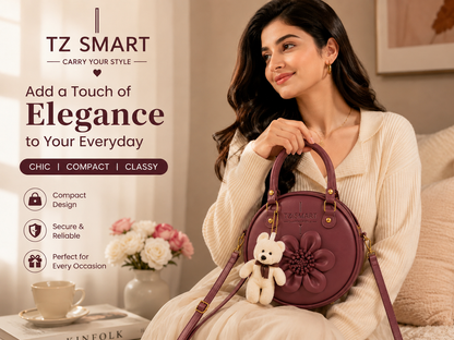 TZ SMART Women’s Round Handbag with Teddy Charm & Floral Design | Stylish Sling & Hand Carry Bag