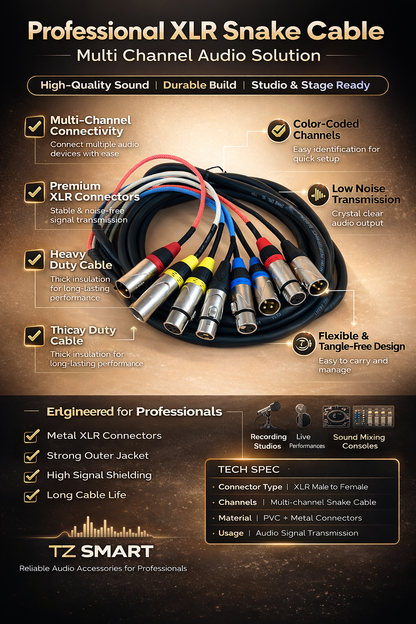 TZ SMART 4 Channel XLR Snake Cable – 2 Meter / 3 Meter | Professional Multi Core Audio Cable for DJ, Studio & Live Sound
