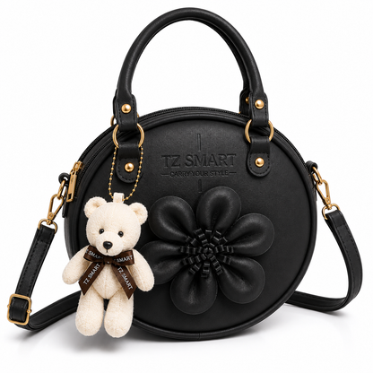 TZ SMART Women’s Round Handbag with Teddy Charm & Floral Design | Stylish Sling & Hand Carry Bag