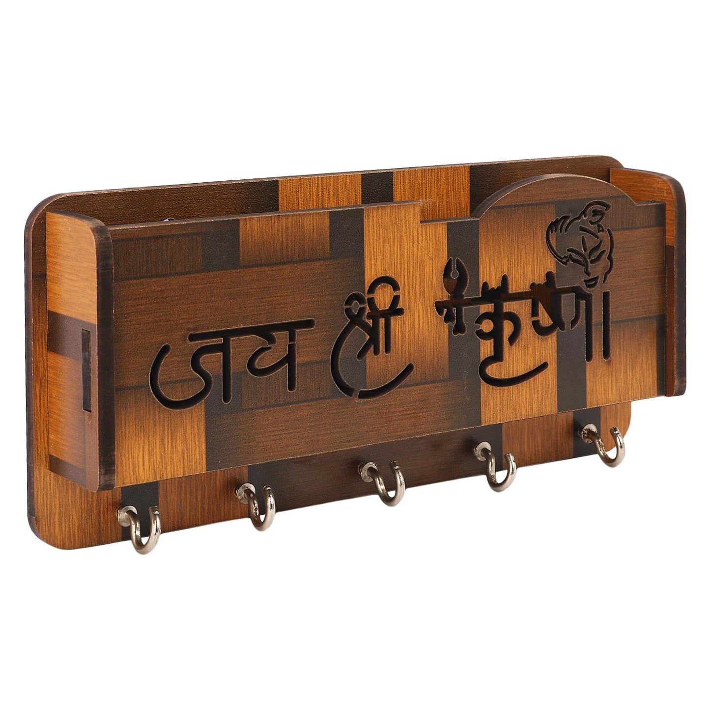 Wooden Wall Key Holder with “Jai Shri Krishna” Design | 5 Hooks Key Stand | Decorative Key Hanger for Home Entrance