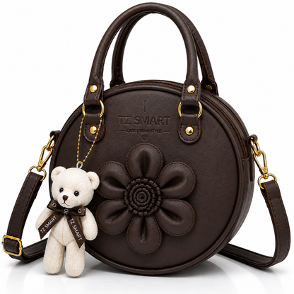 TZ SMART Women’s Round Handbag with Teddy Charm & Floral Design | Stylish Sling & Hand Carry Bag