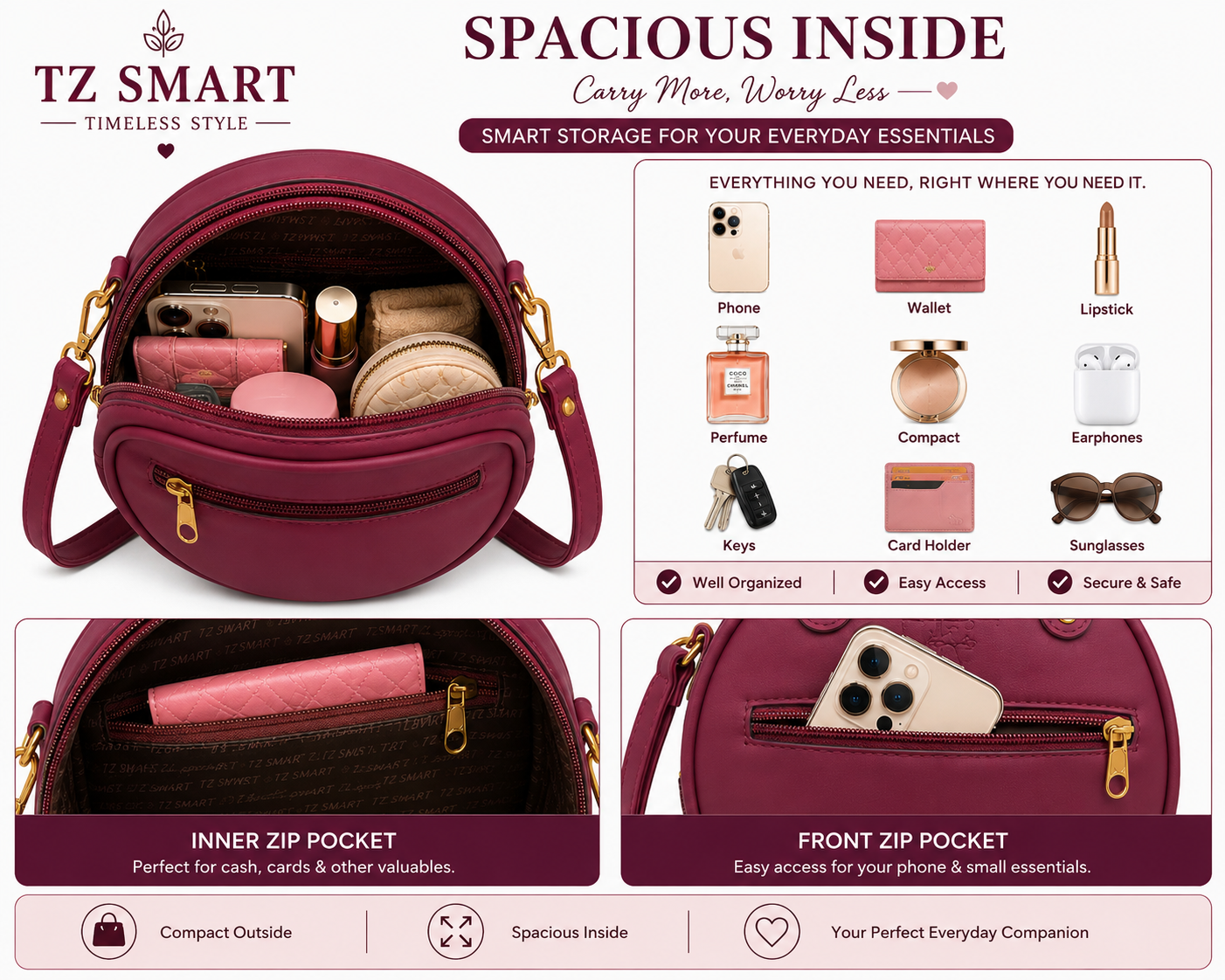TZ SMART Women’s Round Handbag with Teddy Charm & Floral Design | Stylish Sling & Hand Carry Bag