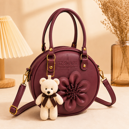 TZ SMART Women’s Round Handbag with Teddy Charm & Floral Design | Stylish Sling & Hand Carry Bag