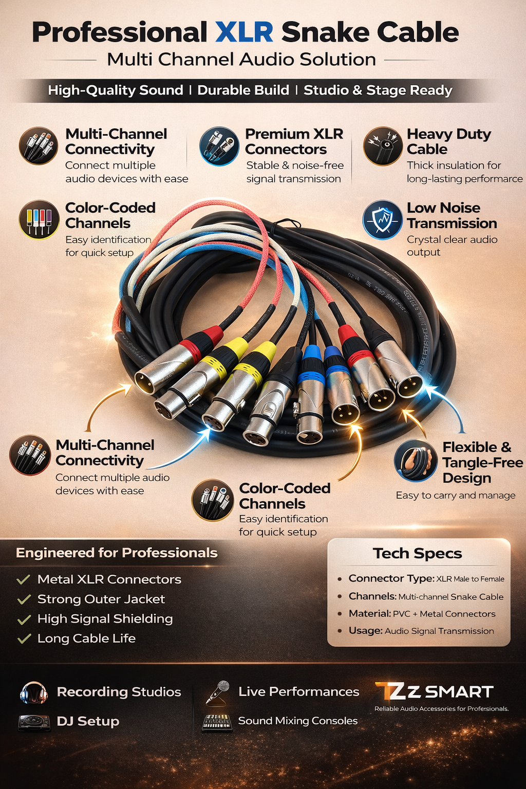 TZ SMART 4 Channel XLR Snake Cable – 2 Meter / 3 Meter | Professional Multi Core Audio Cable for DJ, Studio & Live Sound