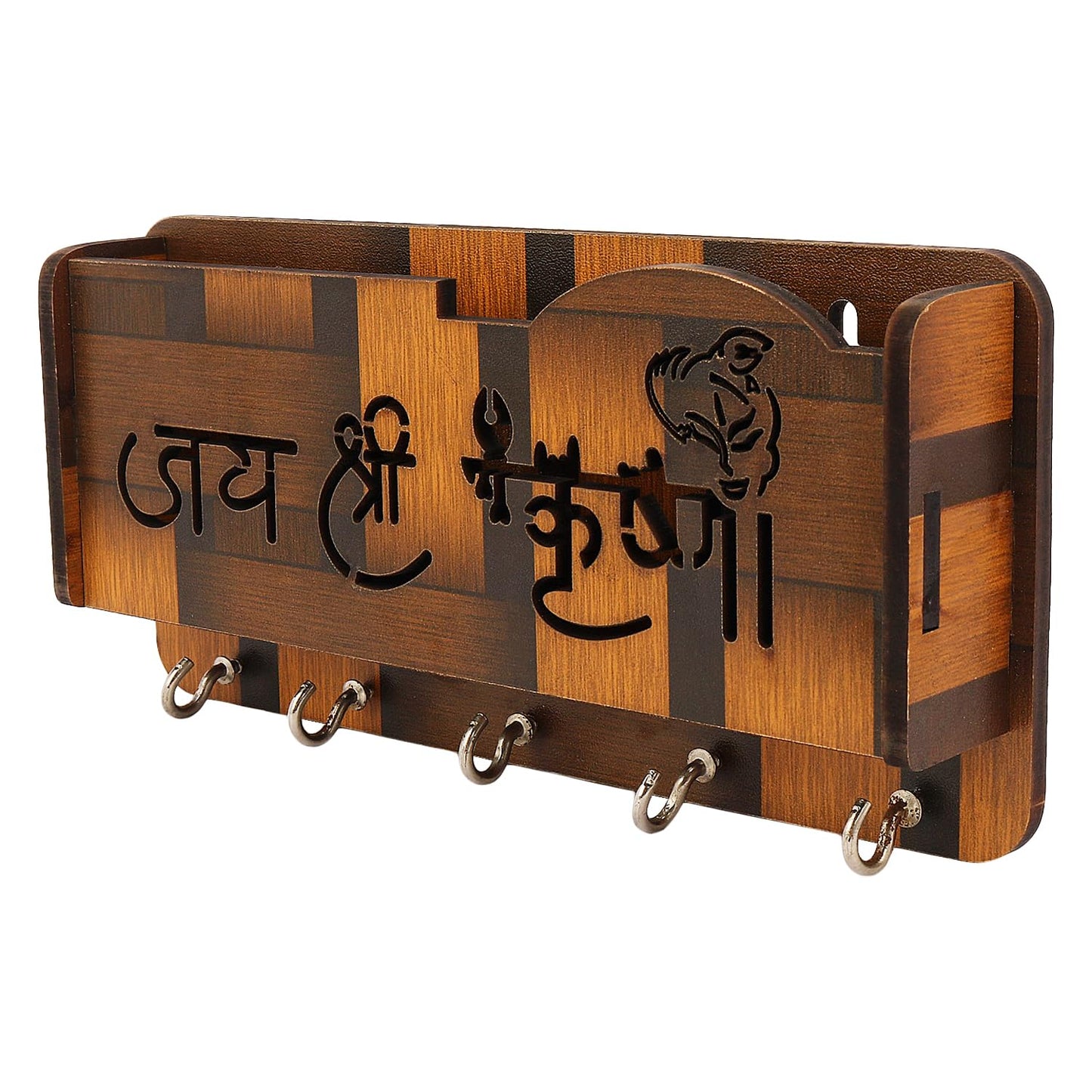 Wooden Wall Key Holder with “Jai Shri Krishna” Design | 5 Hooks Key Stand | Decorative Key Hanger for Home Entrance