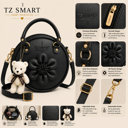 TZ SMART Women’s Round Handbag with Teddy Charm & Floral Design | Stylish Sling & Hand Carry Bag