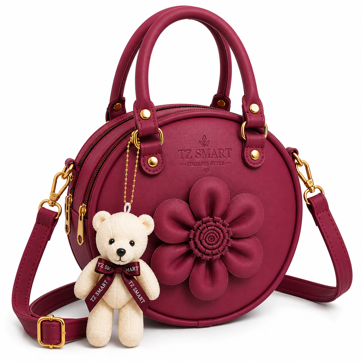 TZ SMART Women’s Round Handbag with Teddy Charm & Floral Design | Stylish Sling & Hand Carry Bag