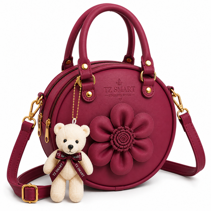 TZ SMART Women’s Round Handbag with Teddy Charm & Floral Design | Stylish Sling & Hand Carry Bag