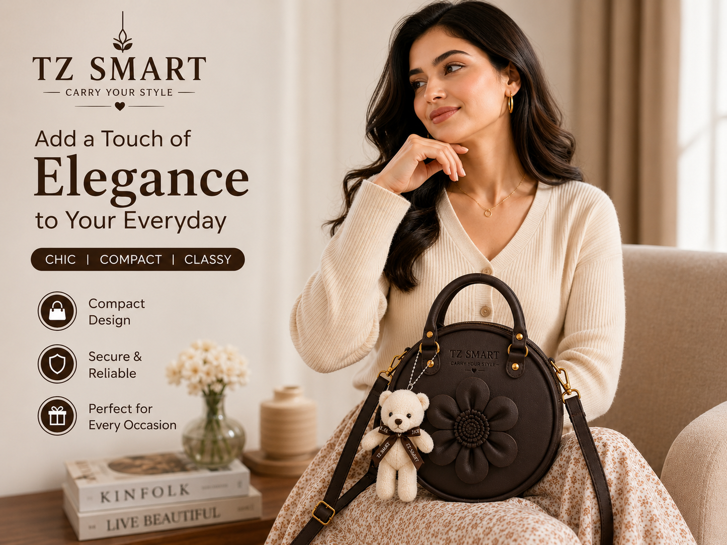 TZ SMART Women’s Round Handbag with Teddy Charm & Floral Design | Stylish Sling & Hand Carry Bag