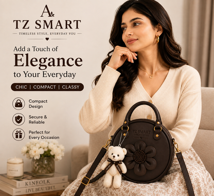 TZ SMART Women’s Round Handbag with Teddy Charm & Floral Design | Stylish Sling & Hand Carry Bag