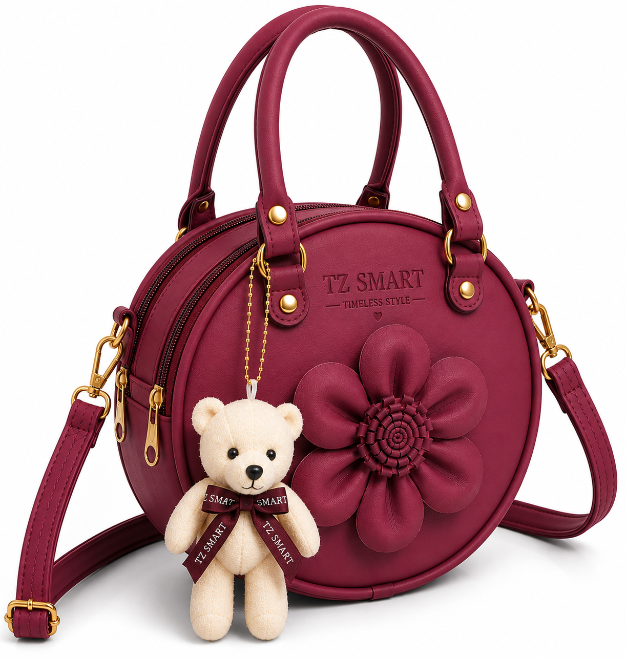 TZ SMART Women’s Round Handbag with Teddy Charm & Floral Design | Stylish Sling & Hand Carry Bag
