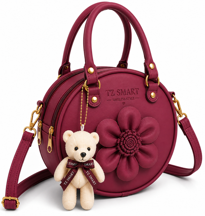 TZ SMART Women’s Round Handbag with Teddy Charm & Floral Design | Stylish Sling & Hand Carry Bag