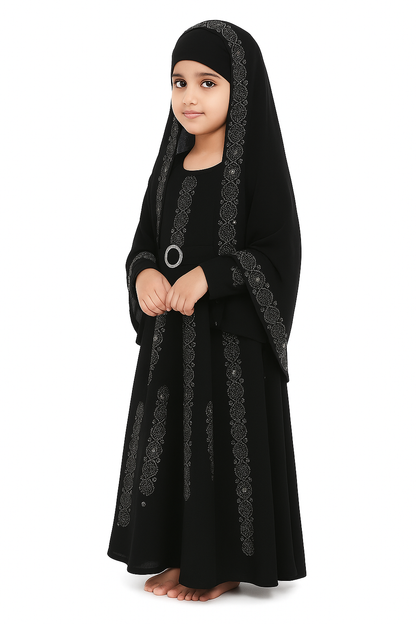 Girls Comfortable Trendy Ready-to-Wear Polyester Burkha – Black Designer Burkha with Stonework Pattern | Stylish Islamic Wear for 2–15 Years